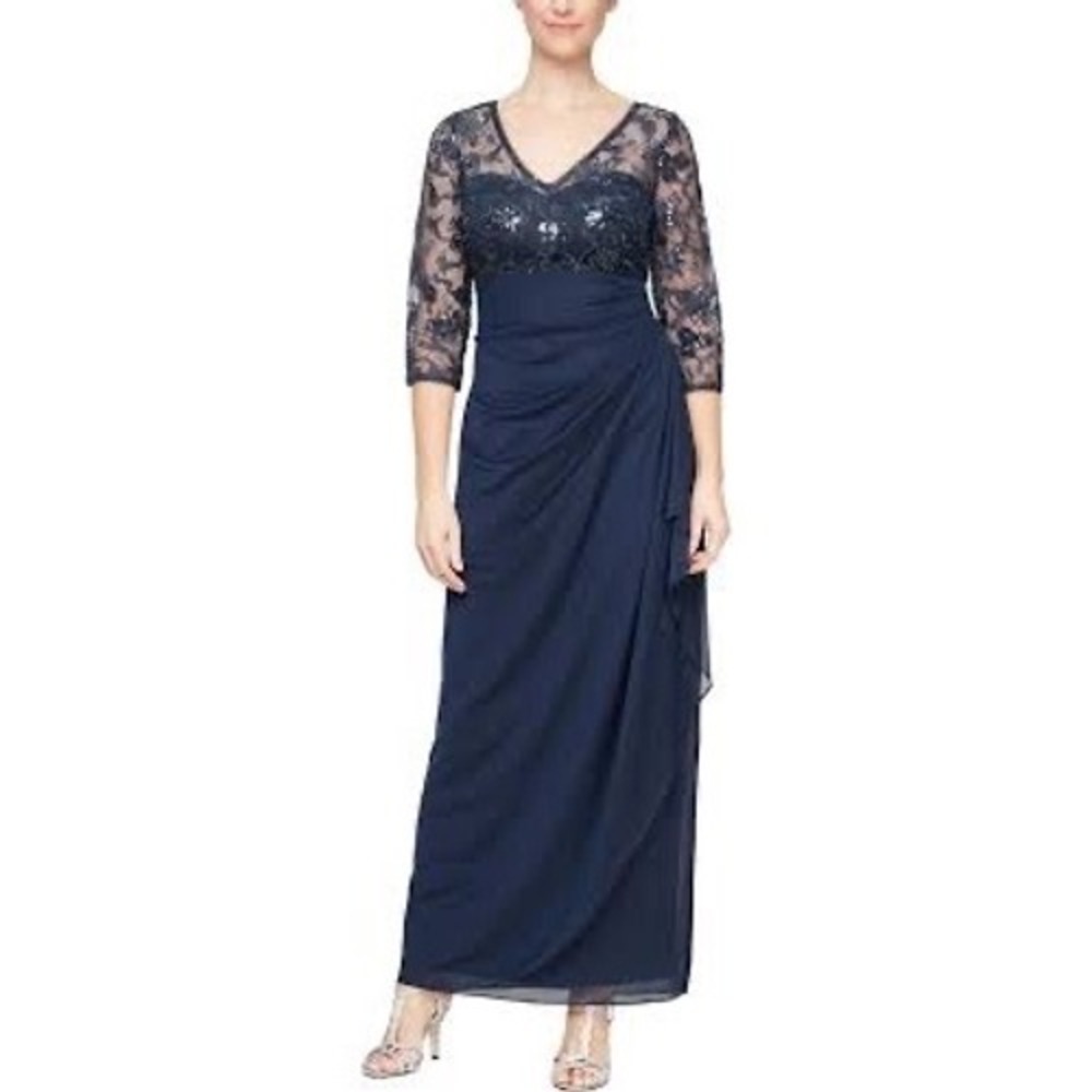 Alexβ Evenings Women's Long Lace Top Empire Waist Dress Navy Size 8 NWT